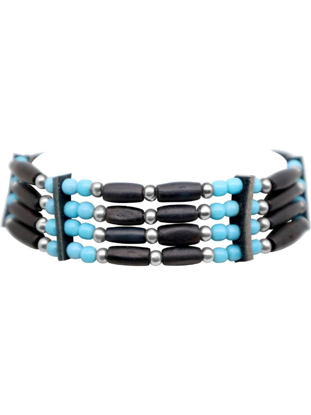 Unisex Adjustable Bone Choker Necklace - 4 Row Black Buffalo Hairpipe & Blue